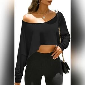 NWT Fisoew Off the Shoulder Cropped Long Sleeve Loose Fit Workout T-Shirt, XXL